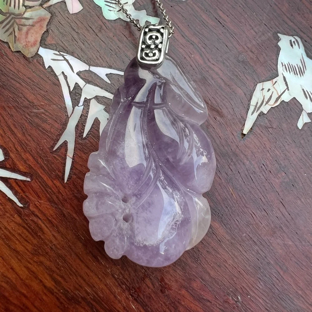 Lavender Jade Carved Pendant on Silver Chain